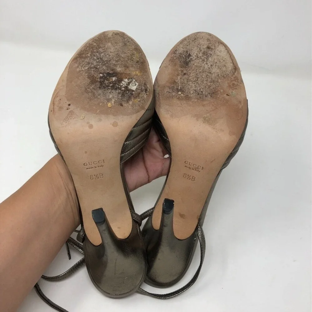 Gucci Sand Pelle Cuoio Sasso Stiletto Heels Womens 8.5 Champaign Metallic Party - Picture 9 of 15